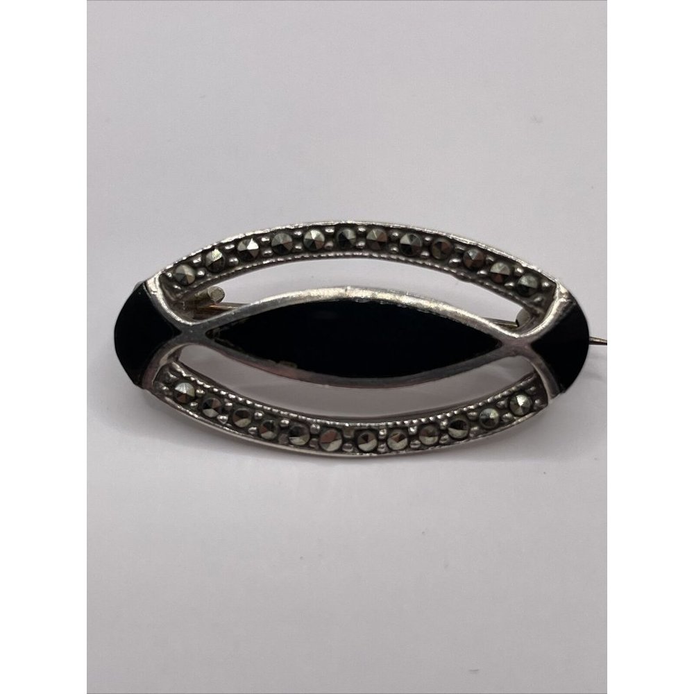 Sterling Silver 925 Marcasite‎ Brooch Art Deco Black Accents Vintage
